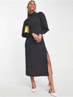& Other Stories S Black Polka Dot Midi Dress Mock Neck embellishment buttons